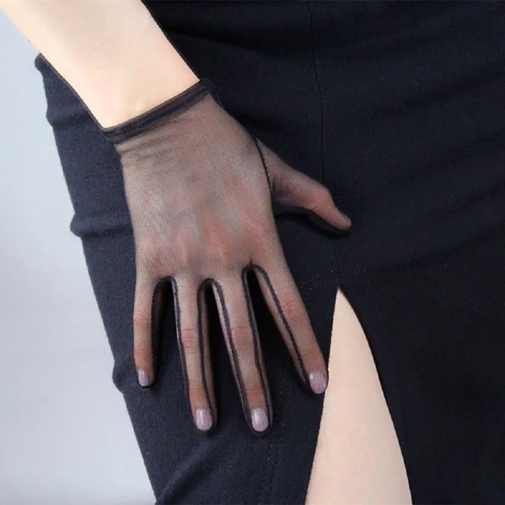 White Fashion Ultra Thin Faux Silk Transparent Black Finger Gloves Short Gloves Mesh Opera Gloves