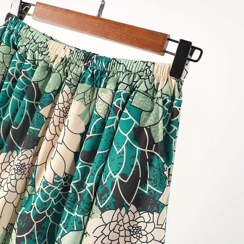 Temperament Ethnic Style Summer New Women\'s Wear Elastic Waist Printing Pleated Fashion Versatile Loose High Waist A-line Skirts