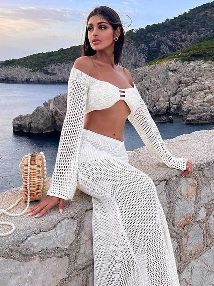 White Crochet 2 Piece Cut Out Long Sleeve Backless Tie Up Top Long Skirt Set Club Knit Beach Dress Outfit Bikini Cover-ups A1882