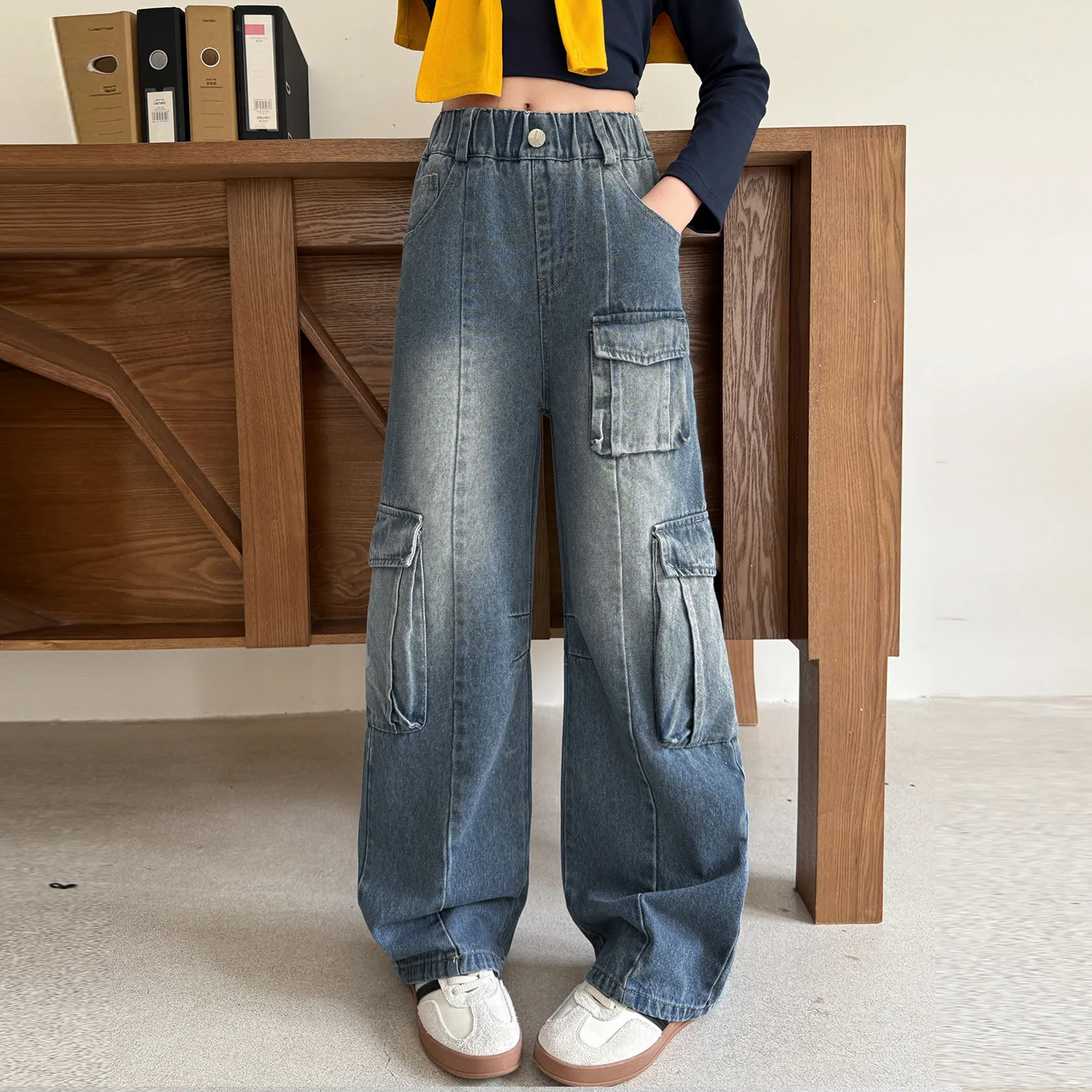 

Kids Vintage Distressed Jeans with Pocket For Girls Fashion High Street Denim Pants Teens Child Baggy Cargo Jeans Trousers