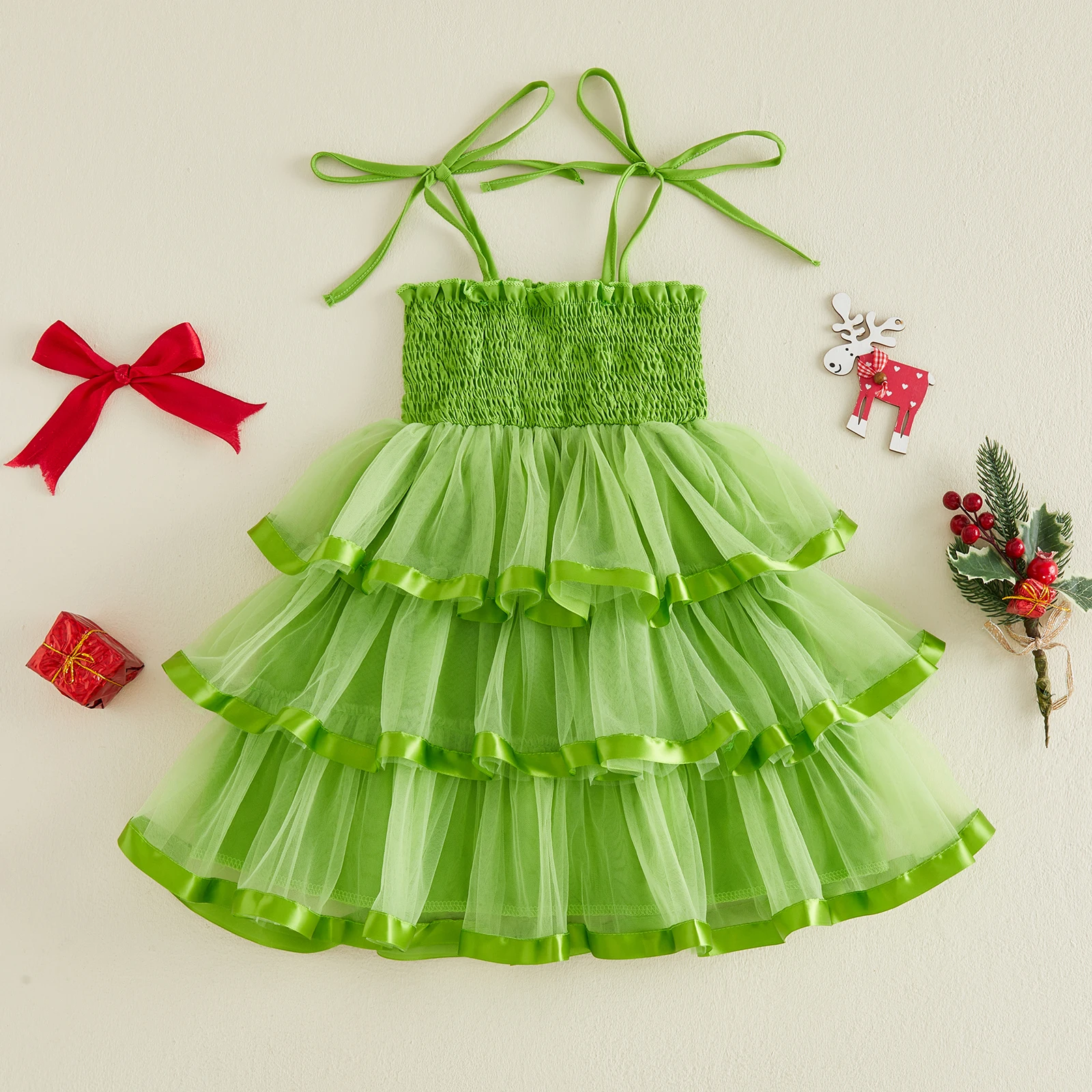 1-7Y Little Girls Christmas Princess Party Dress Sleeveless Square Neck Tulle Cake Dress Kids Xmas Costume