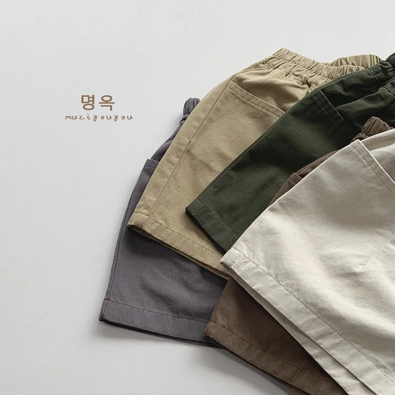 2024 Summer New Children Vintage Solid Color Shorts For Boys Girls Casual Shorts Loose Baby Pocket Short Pants Kids Clothes