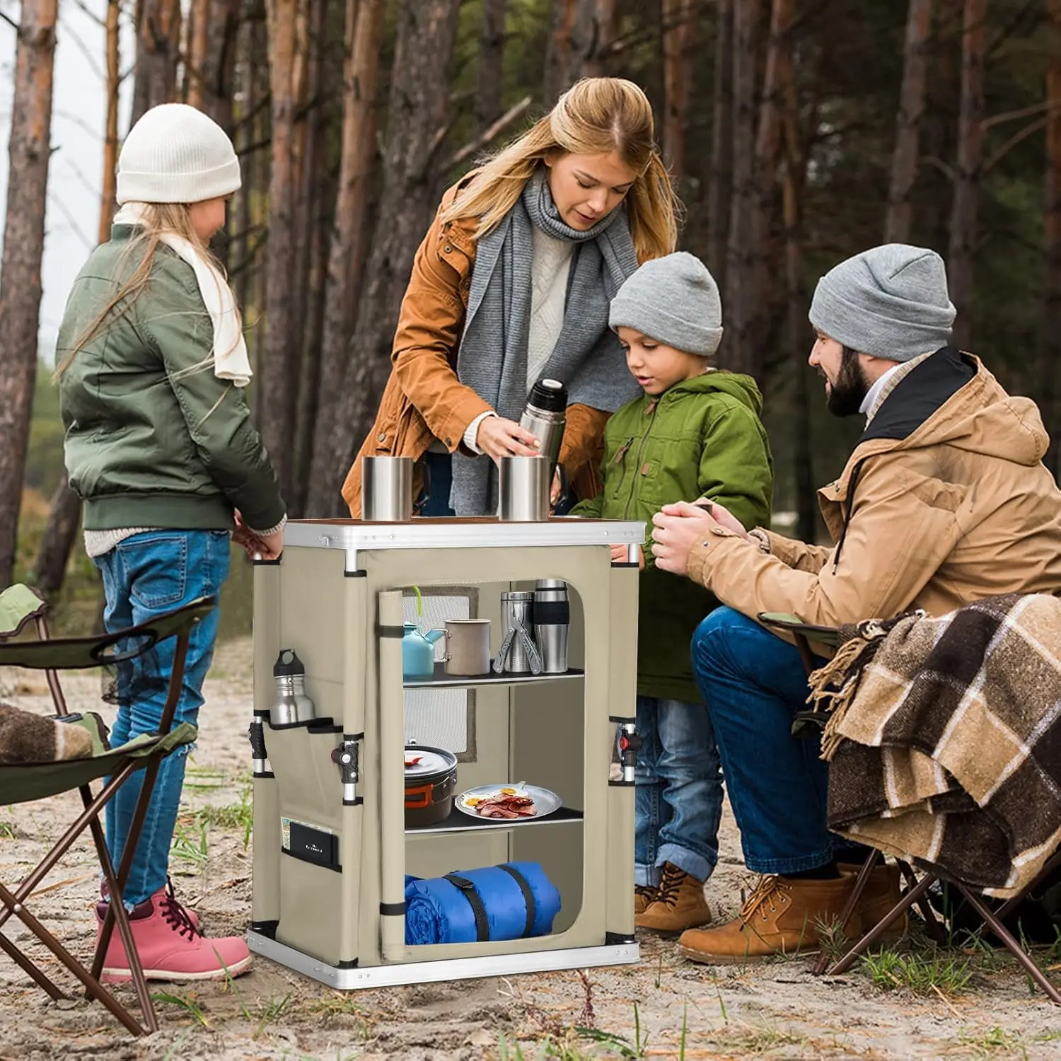 Outdoor Folding Camping Table with Large 3-Tier Storage Organizer and Side Pockets, Easy Set Up Portable Aluminum Cam