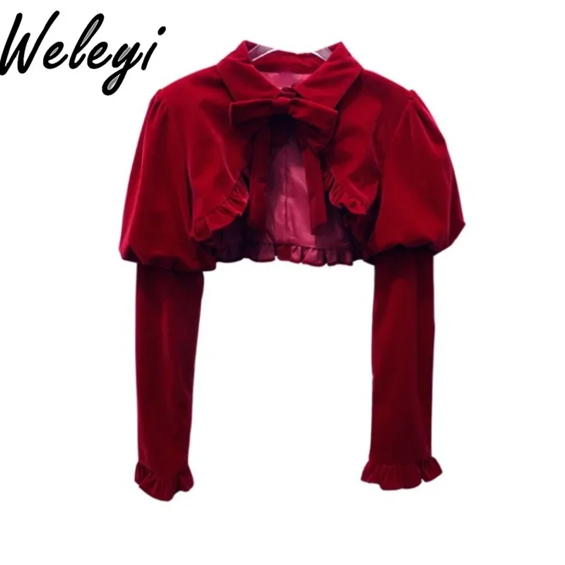 New Year's Sweet Wine Red Bow Long Bubble Sleeve Cape Dress 2025 Spring Retro Court Style Fungus Edge Short Velvet Shawl Coat