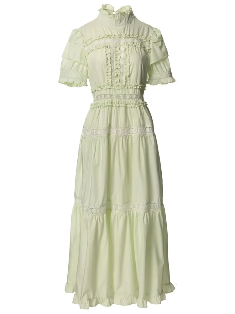 2023 Summer Fashion Runway Light Green Women's Party Stand Collar High Waist Flounces Embroidery Long Dress