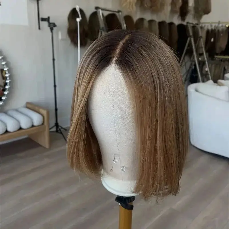 

Бесклеевые парики Синтетические волосы Ombre Bob Натуральные прямые HD Прозрачные парики на шнурке Мягкие мелированные каштановые коричневые парики для косплея