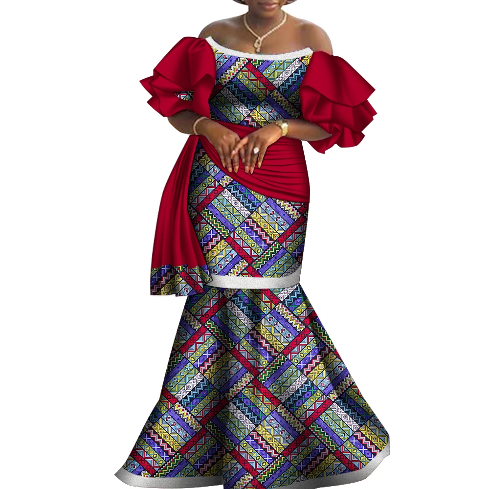 Bintarealwax Off-Shoulder Party Dress Dashiki Elegant Africa Style Clothing for Women Strapless Floor- Length Dresses  WY8794