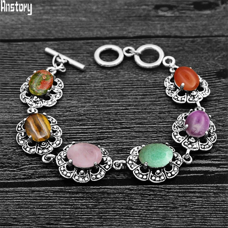 

Oval Colorful Natural Stone Flower Bracelet For Women Tibetan Silver Plated 6 Chakra Stone Tiger Eye Jades Quartz Agate Bracelet