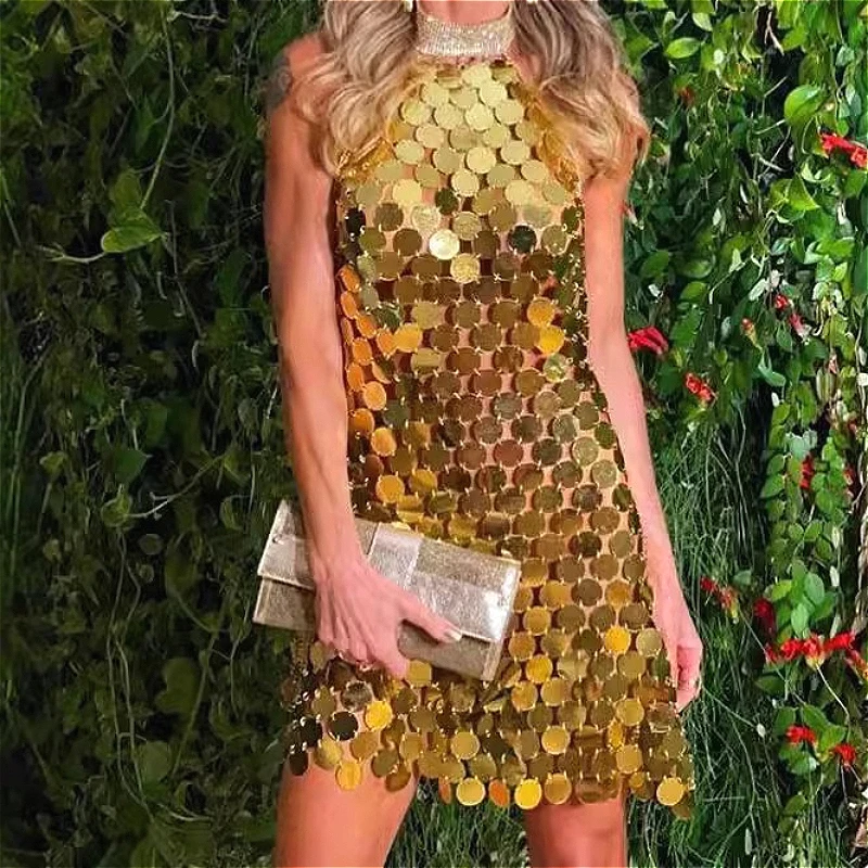 Women Dresses Sequined Dress Solid Spliced Half High Collar Sleeveless Mini Length Slight Strech Streetwear Casual 2026 Summer
