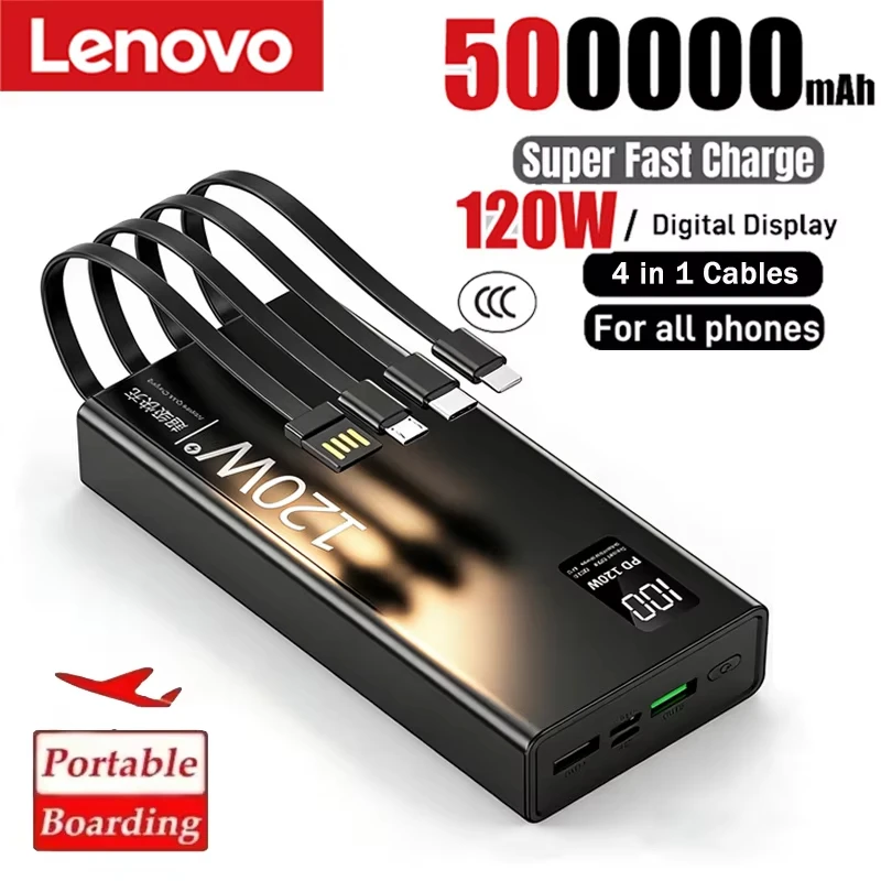 

Lenovo 4-in-1 Power Bank 120W 500000mAh High Capacity With Cables Super Fast Charging Portable Charger For iPhone Samsung 2026
