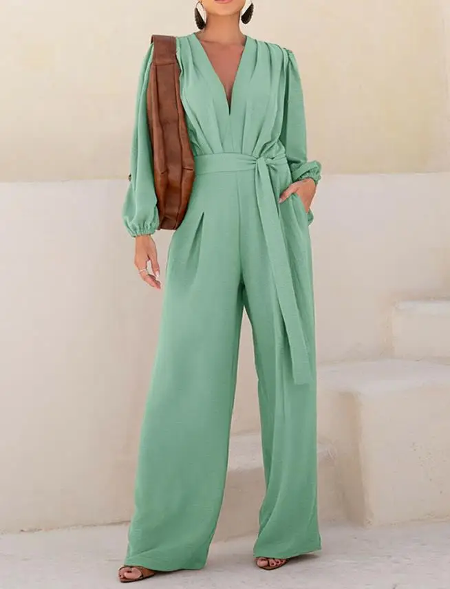 Women Long Jumpsuits Puff Sleeve Plunge V Neck Waist Tied Detai Jumpsuit Female Casual Ruched Textured Loose Romper with Pockets
