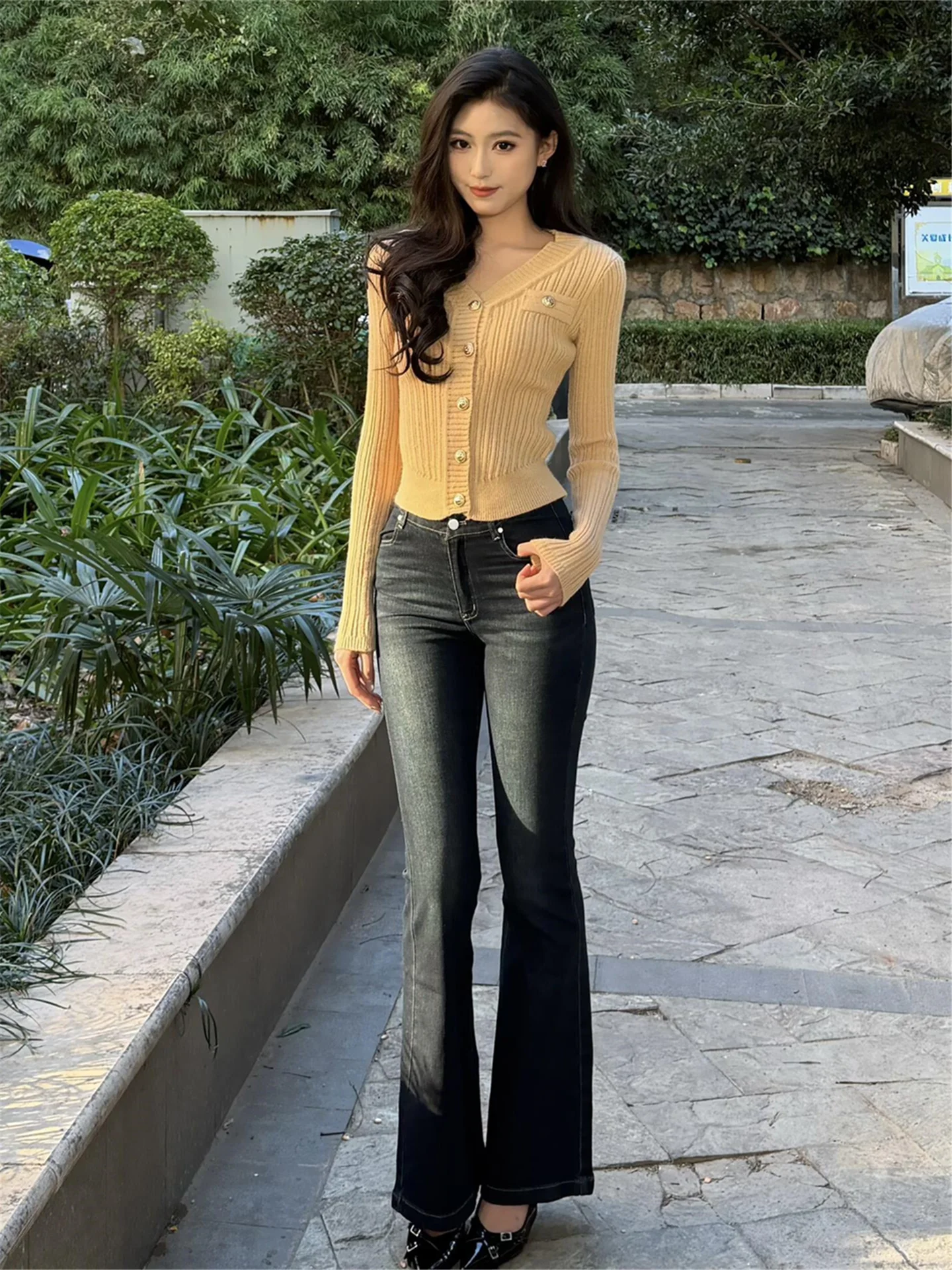 

Джинсы-клеш с низкой талией для женщин, удлиненные, больших размеров, темно-синие, в американском уличном стиле, весенняя мода