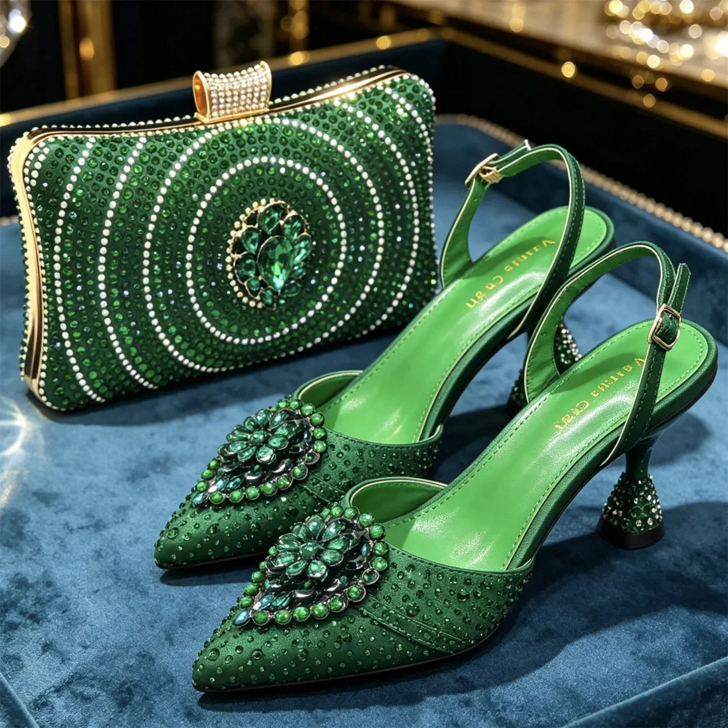 Crystal Rhinestone Heels & Clutch Bag Set Pointed Slingback Heels Women Wedding Prom Party Elegant Formal Matching Shoe Purse