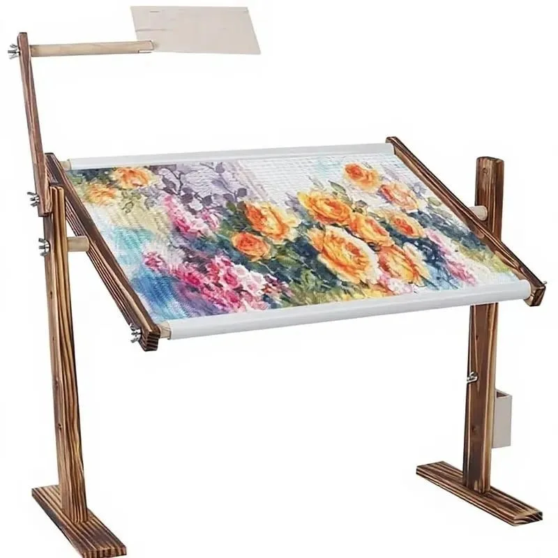 Adjustable Pine Cross Stitch Frame Bracket Scroll Rod Side Bag Rectangular Embroidery Desktop Stand