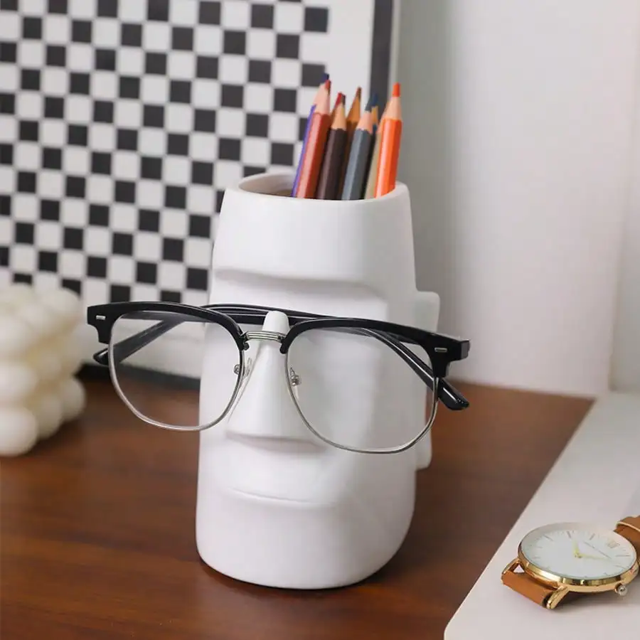 White Face Shaped Pen Holder With Glasses Stand, Desktop Pencil Cup Organizer For Pens, Makeup Brushes & Eyeglasses, Minimalist Desk Storage Decor For Office, Study Room & Vanity, Perfect gift