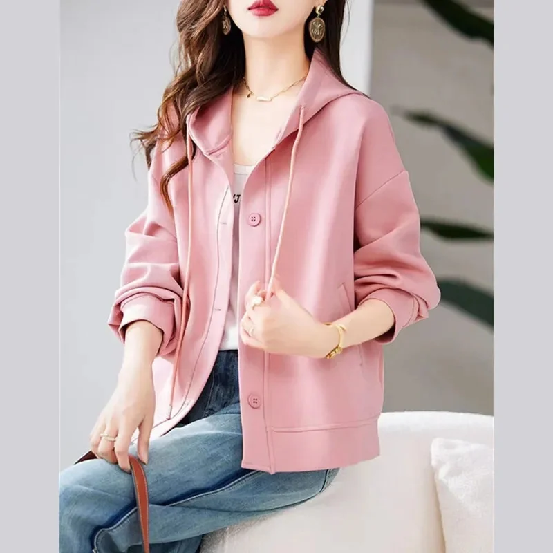 Leisure Sports Hooded Jacket Women\'s 2023 Spring and Autumn New Loose Joker Age-reducing Cardigan Baseball Uniform Top