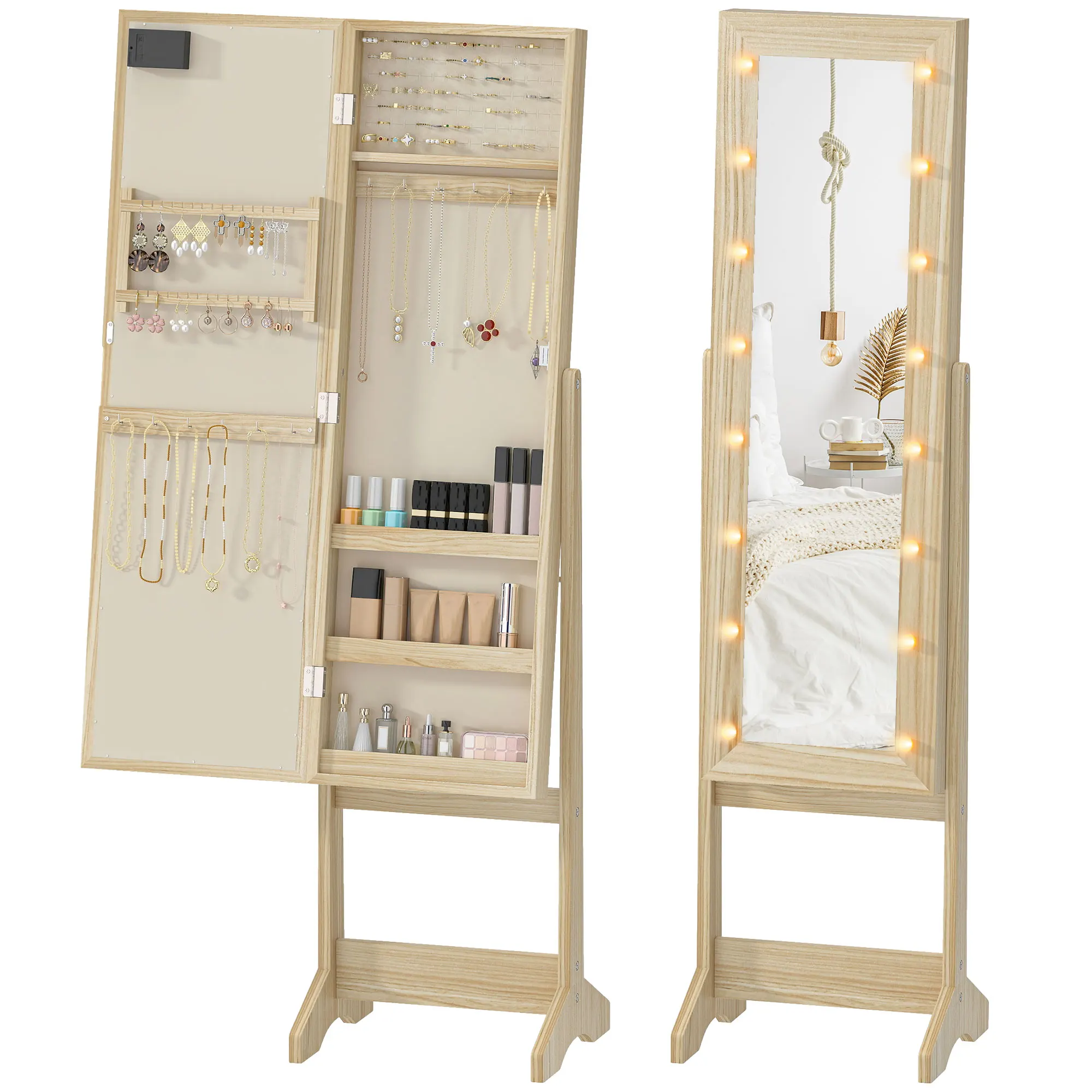 HOMCOM Espejo Joyero con Luces LED, Armario para Joyas, Armario Joyero de Pie con Espejo Entero, Ángulo Ajustable, con Estantes, Ranuras para Anillos, Madera Natural
