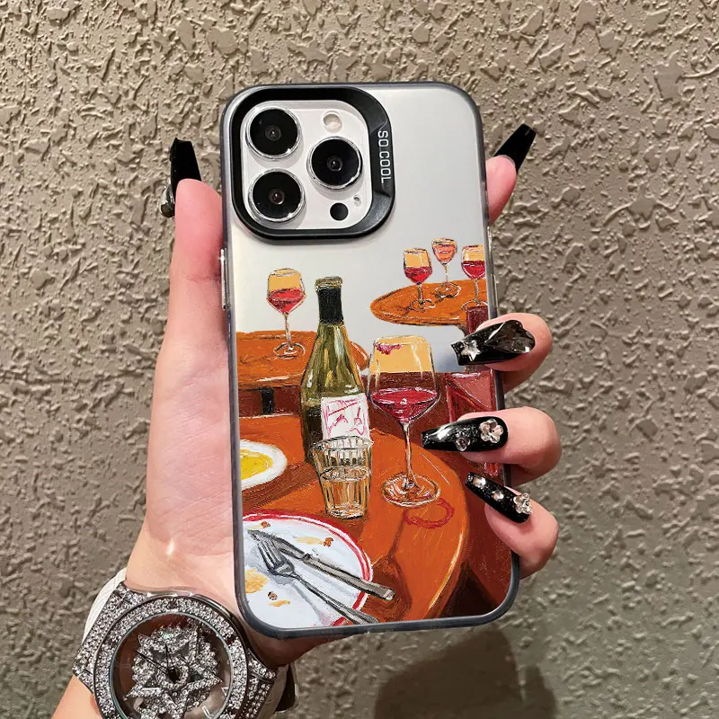 

Oil Painting Red Wine Glass Laser Phone Case For iPhone 17 Pro Max Air 16 15 14 Pro Max Plus 13 Mini 12 11 Pro Max Back Covers