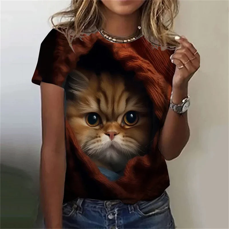 Fashion Women\'s T-shirt 3D Printed Kawaii Cat Pattern Short Sleeved Round neck Top Summer Outdoor Casual Street Simple Clothing