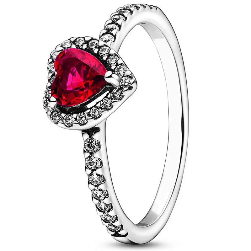 925 Sterling Silver Ring Elevated Red Heart With Colorful Crystal Rings For Women Valentine\'s Birthday Gift DIY Jewelry