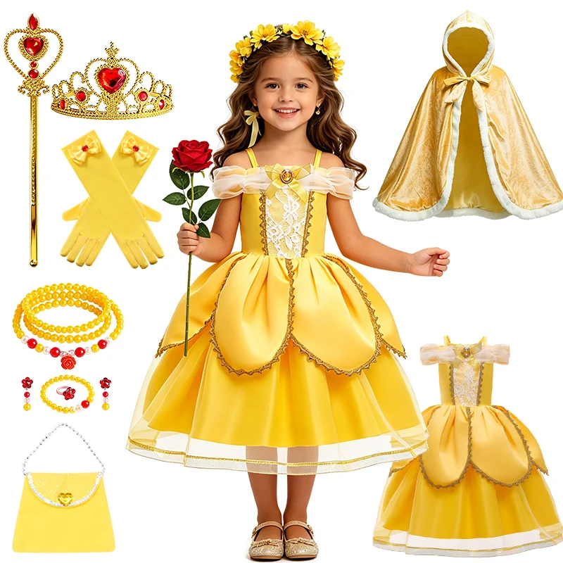 Fancy Girl Princess Belle Dress Up Layered Ball Gown Halloween Cosplay Birthday Party Children's Costume Carnival Kids Clothes