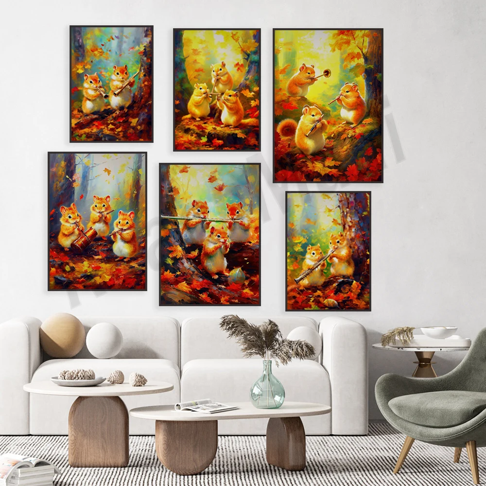 Autumn Hamster Painting, Hamster Orchestra Print, Hamster Oil Painting Fine Art Print Colorful Pet Animal Wall Decor Poster