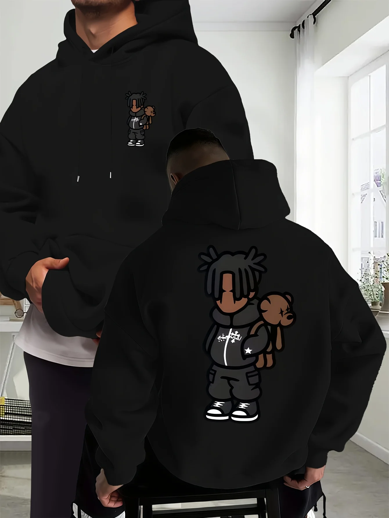 Men Sport Hip Hop Hoodie, Cute Cartoon Dreadlock Boy Bear Graphic Streetwear, Russian Size Fleece Pullover Sweatshirt for Men
