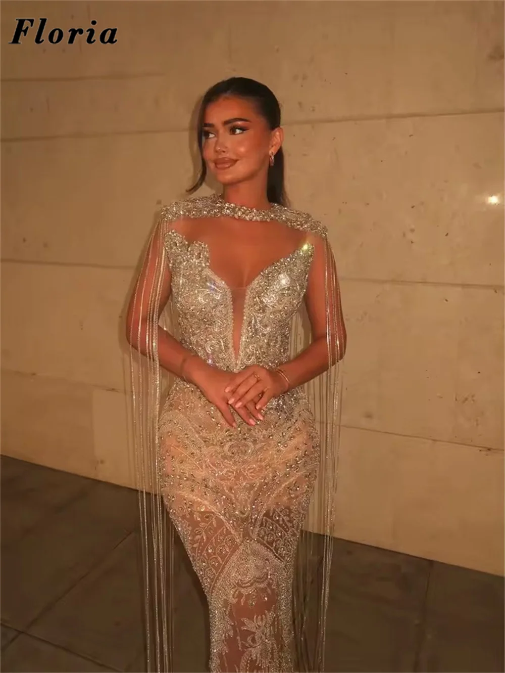 Coutures Silver Beaded Crystals Evening Dresses With Cape 2026 Robes V Neck Mermaid Prom Dress Party Night Gowns Customized