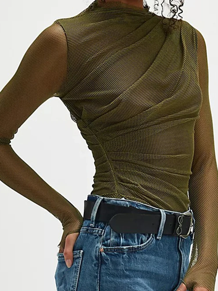 

Плиссированные комбинезоны для отдыха с круглым вырезом, сексуальные прозрачные сетчатые ажурные боди, модные однотонные тонкие женские комбинезоны с длинными рукавами