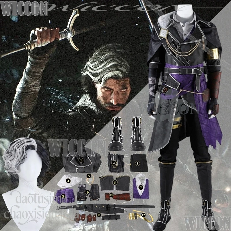 

VerlesoIm Cosplay Game Punk Battle Black Purple Pu Uniform Retro Viking Style Coat Pants Sexy Man Wig Halloween Navidad Carnaval