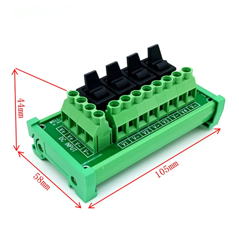 DIN Rail Mount 4 Channel Paddle Switch DC Power Distribution Strip Module.