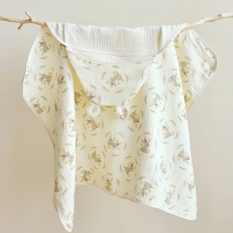 Bear Printed Infant Hooded Towel Wrap Blanket Soft Texture Cloak Baby Swaddle Cloth Single Layer Breathable Material