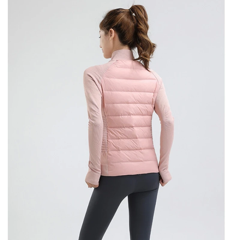 90% White Duck Down Knitted Patchwork Women\'s Down Jacket Sports Yoga Down Jacket Lightweight Stand Collar Women Warm Short Coat