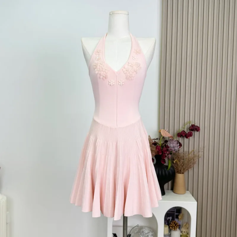 

Summer French Vintage Knit Dress For Women Hotsweet Backless Halter A-line Pleated Party Evening Dresses Vestidos Cortos Robes