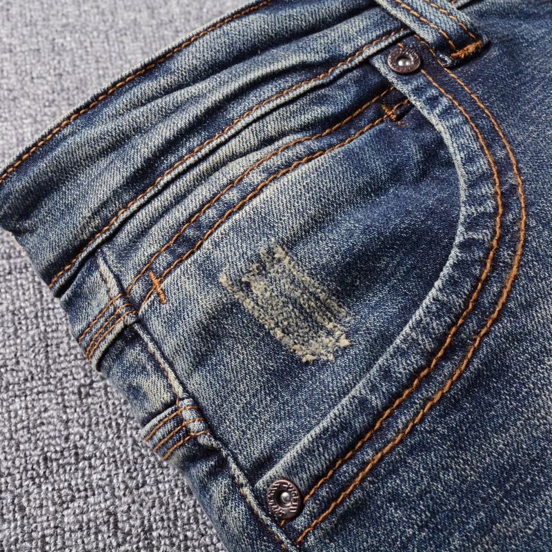 Fashion Designer Men Jeans Retro Washed Blue Elastic Stretch Slim Ripped Jeans Men Casual Trousers Vintage Denim Pants Hombre