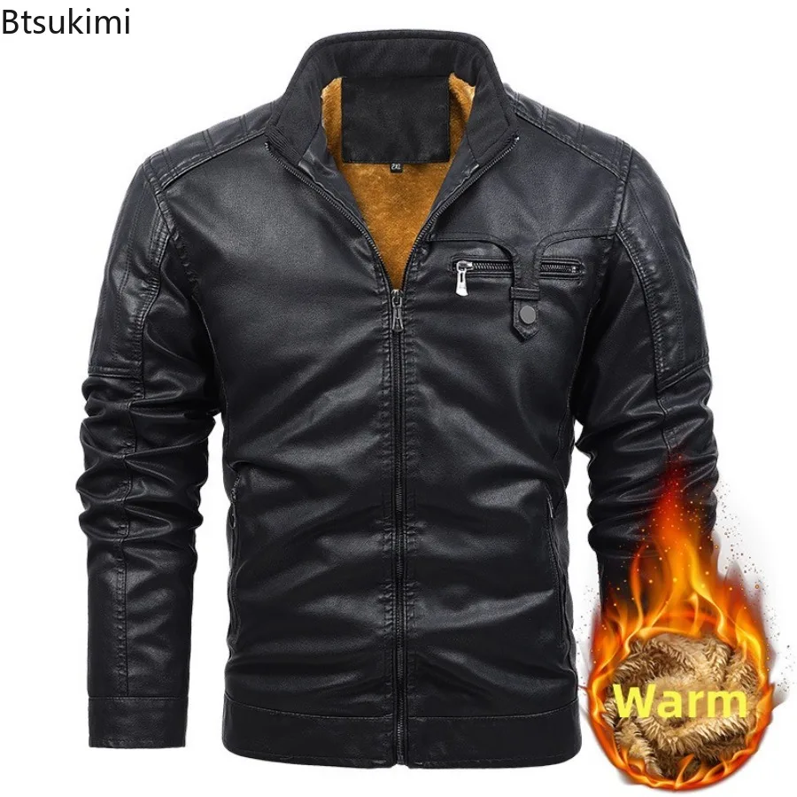 

New Fashion Men's Stand Collar PU Leather Jackets Autumn Winter Thicken Warm Leather Coats Man Outdoor Motorcycle Riding Clothes