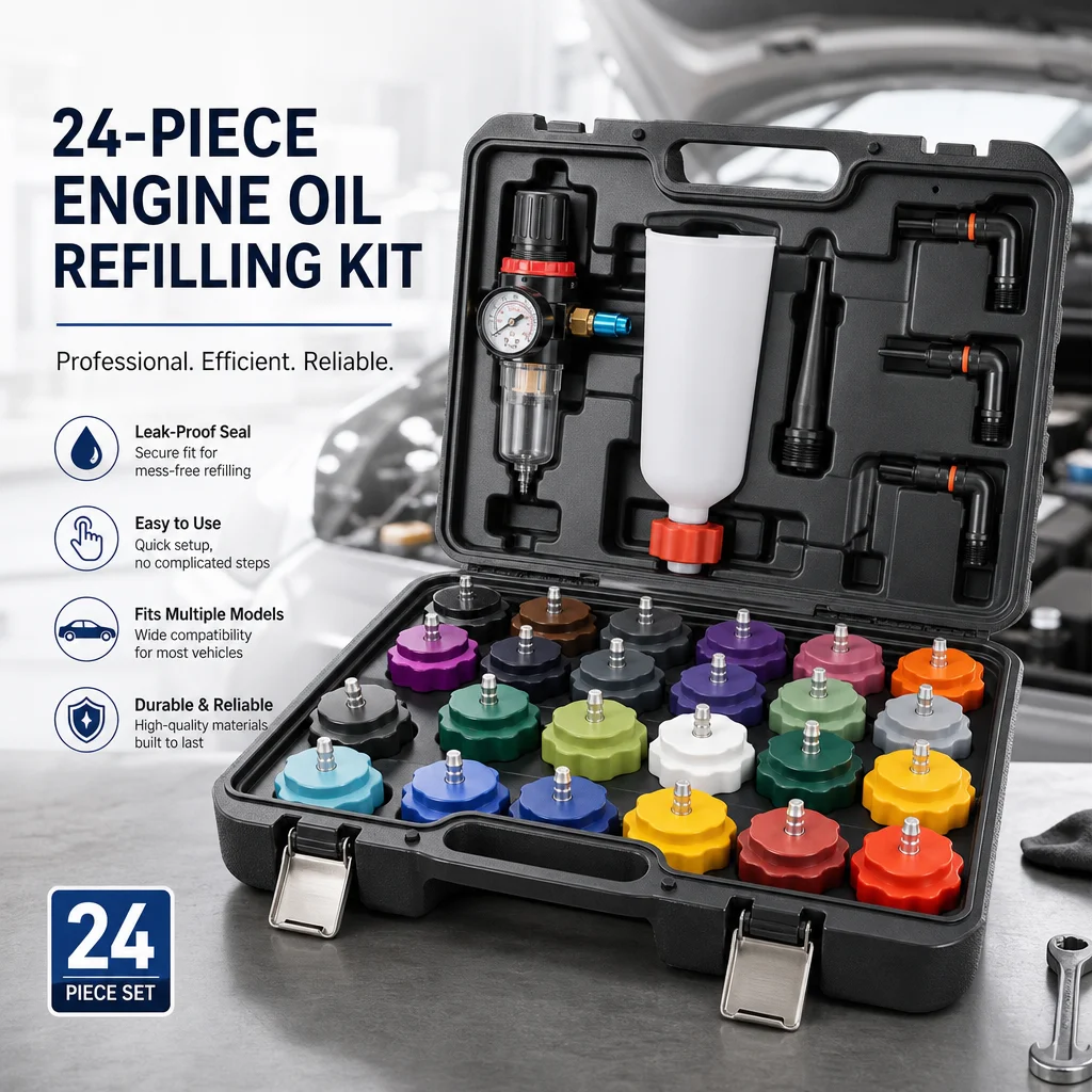 Image of 24-teiliges Motoröl-Einfüllset, Öleinfülltrichter-Kit mit 2L Trichter, Manometer, 19 Adapterkappen & 2 abgewinkelten Verlängerungen, auslaufsicheres Kfz-Ölwechselwerkzeug für Honda, Audi, BMW, VW,