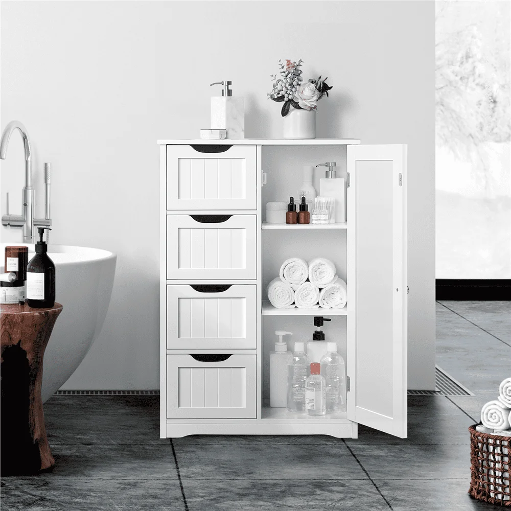 

Wooden Bathroom Storage Cabinet with 4 Drawers & Cupboard, White