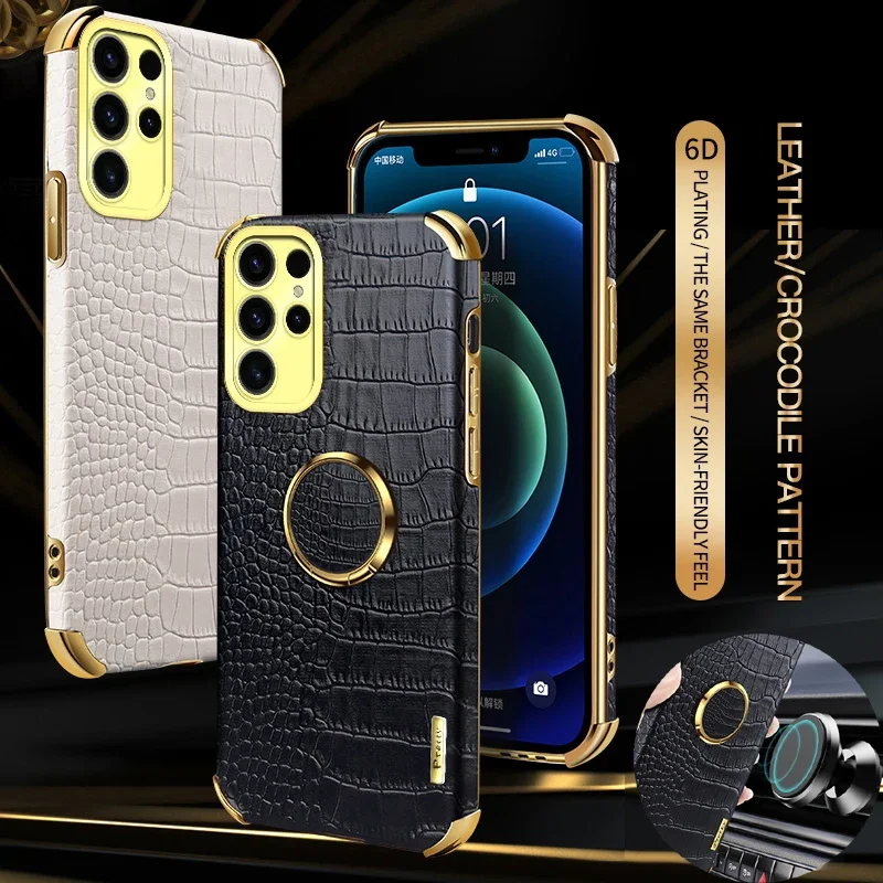 Magnetic Ring Cover Case for Samsung Galaxy S21 S20 FE S22 Plus S25 Edge S24 S23 Ultra Crocodile PU Leather Silicone Phone Cases