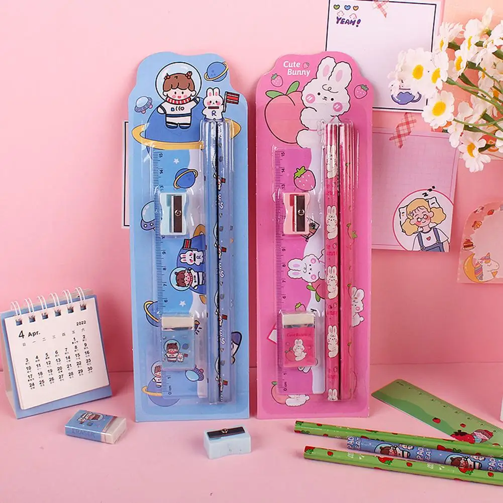 5pcs/set Cute Cartoon Pencil Set Pencil Sharpener Ruler Eraser Pencil Children School Supplies Set For Gifts