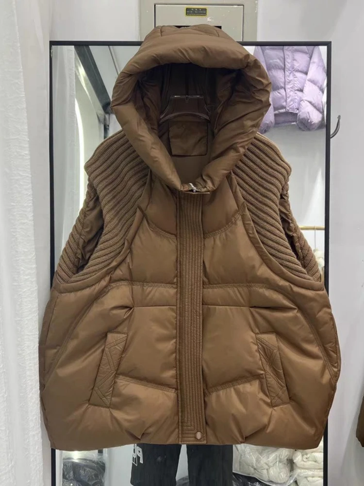Winter Versatile Down Vest For Women Hooded Knitted Sleeveless Spliced Solid Color Coat Casual 2025 New Clothing Jacket