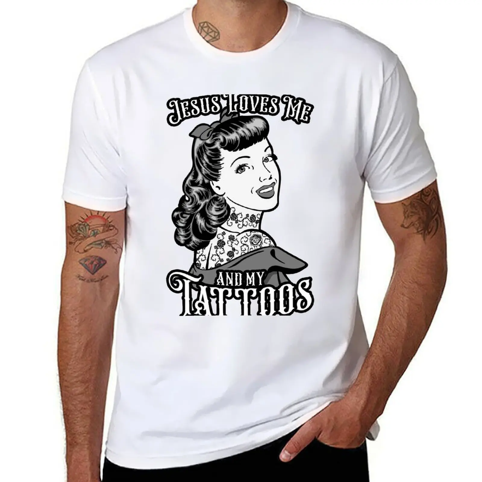 

Jesus Loves Me And My Tattoos Tattooed Vintage Pop Art Girl T-Shirt t shirt man plain cotton t shirt pack T-Shirt