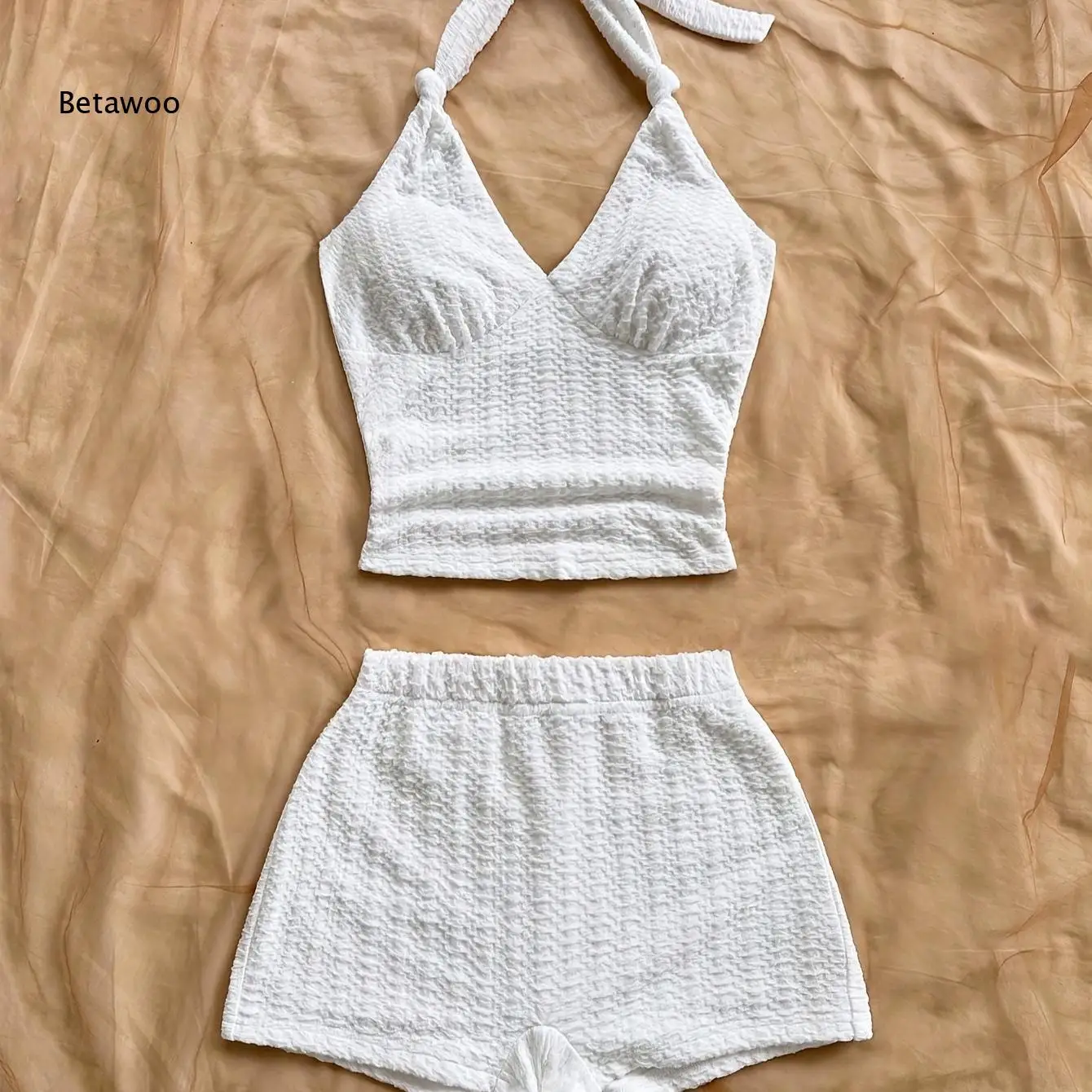 Summer White Bubble Texture Halter Tie Back Two Piece Outfit