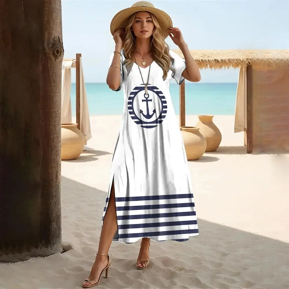 Anchor stampato scollo a v abiti da donna semplicità Streaks abbigliamento elegante spacco estivo maniche corte abito lungo 2024 vendita calda