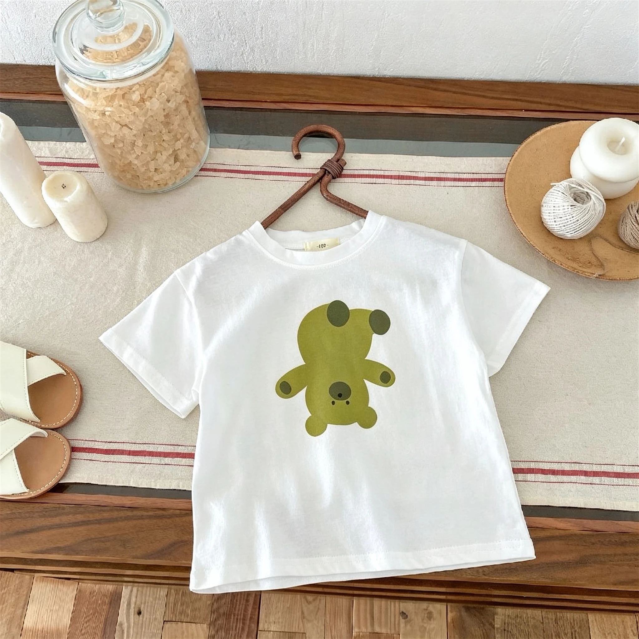 Simple Fashion T-shirt For Kids Clothing Solid Color Printed Cartoon Short Sleeve Tops Tees Children's Wear Round Collar Tshirts