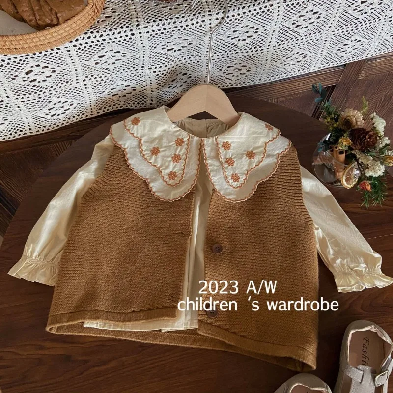 2024 Fall and Winter Kids Clothes Girls Baby Girls Knit Vest Shirt Shorts 3-piece Set Toddler Cute French Embroidered Shirt 2-8y