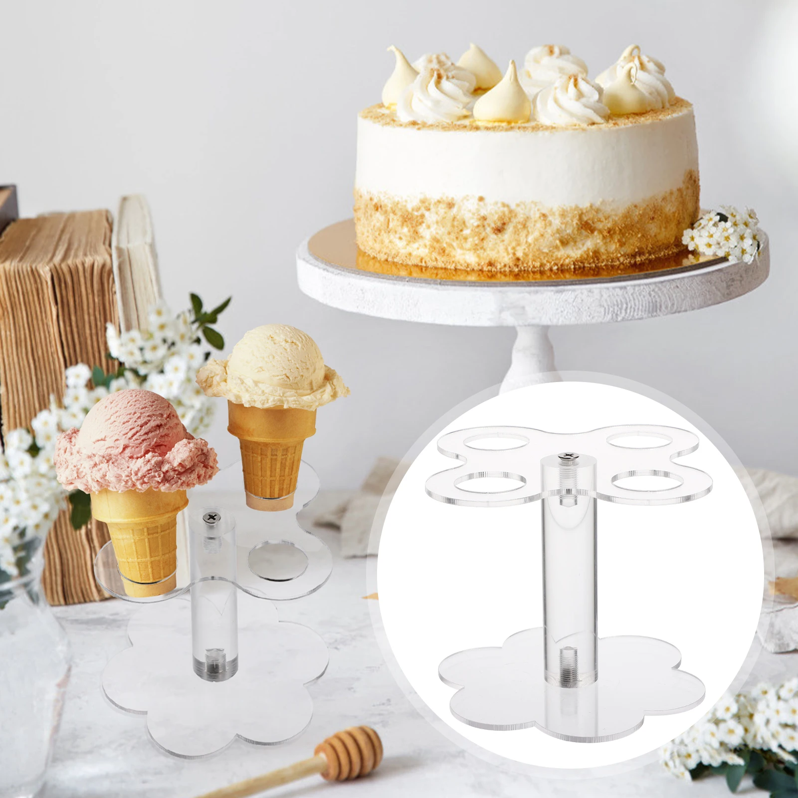 

2Pcs Acrylic Ice Cream Display Stand Clear Tray Cone Holder Storage Shelves Rack Halloween Christmas Picnic Restaurant Market