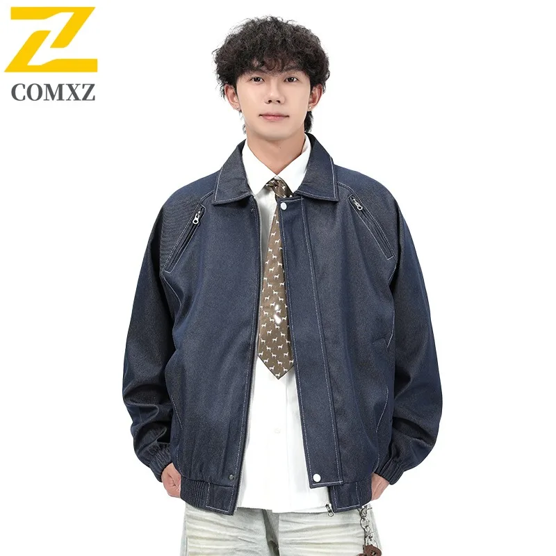 

COMXZ Мужская весенне-осенняя джинсовая куртка большого размера с отложным воротником-стойкой, однотонная теплая модная куртка в гонконгском стиле