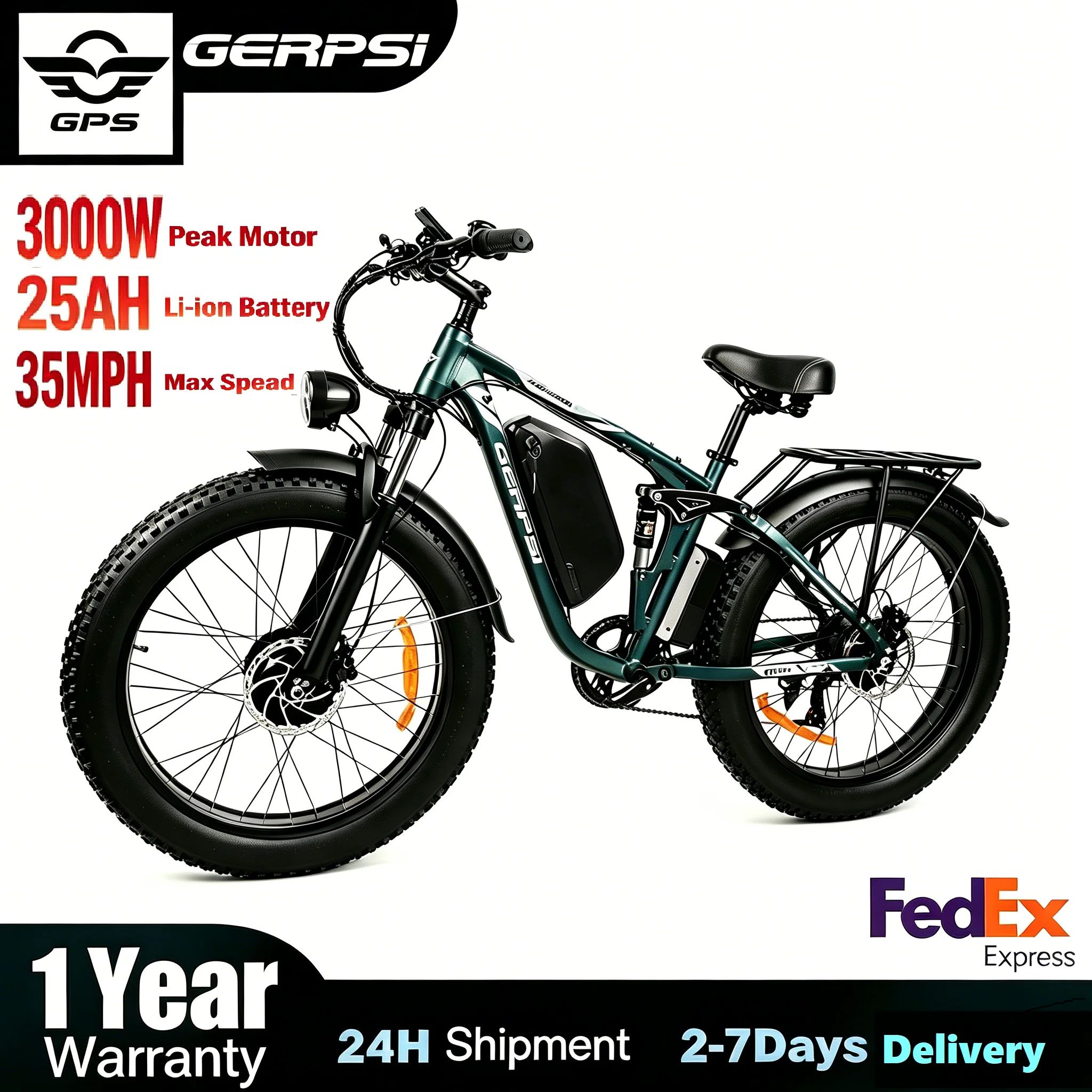 BAOLUJIE 26 Inches Adult Electric Mountain Bike 25Ah Battery, 3000W Dual Motor Ebike, 7-speed Electric Bicycle Fat Tire Ebike