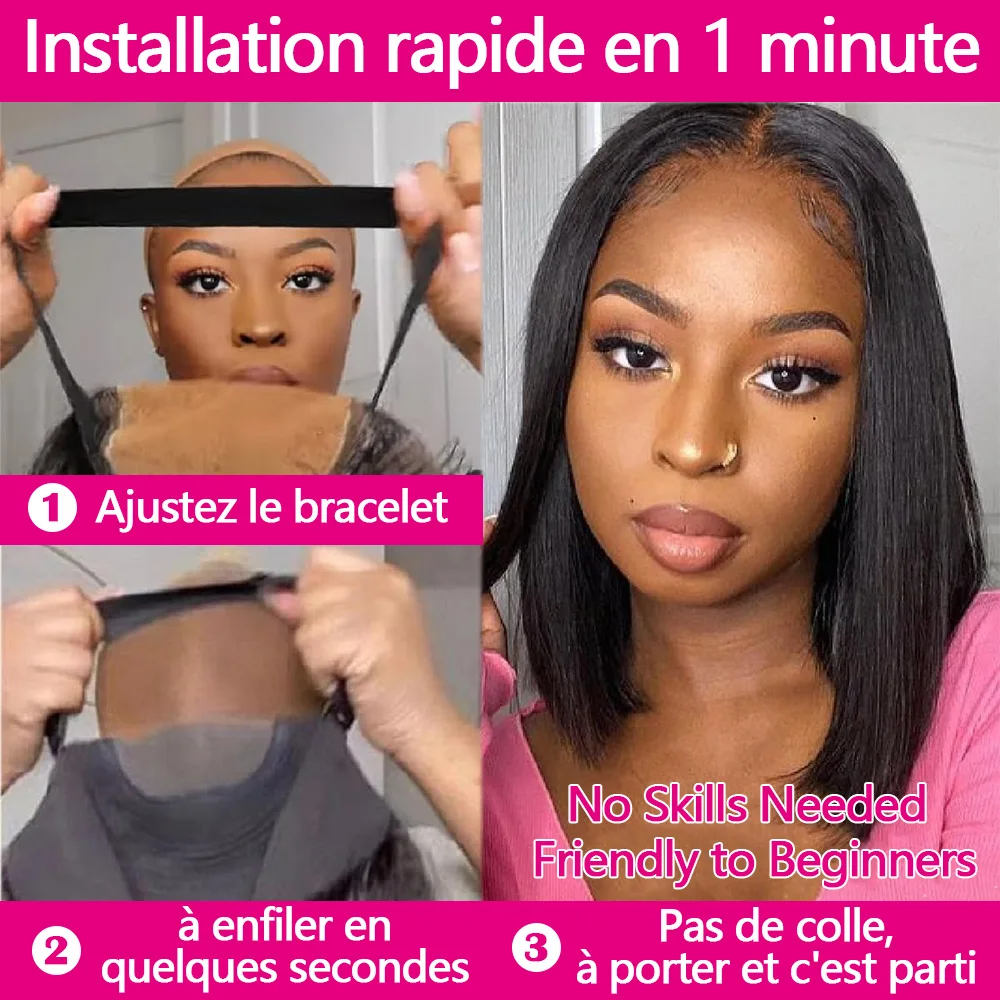 Leimlose Bob-Perücke, Lace-Front-Echthaar-Perücken für Frauen, 4 x 4 gerade, vorgezupfte Echthaar-Perücken, bereit zum Mitnehmen, kein Kleber, kein Gel-freier Teil – Detail 6